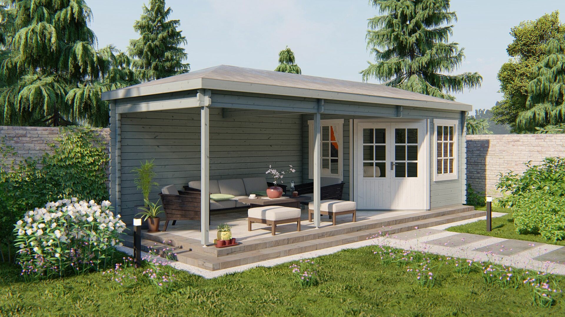 Blokhut Bertil 800 x 300 cm Tuinschuur met overkapping Wanddikte 44 mm