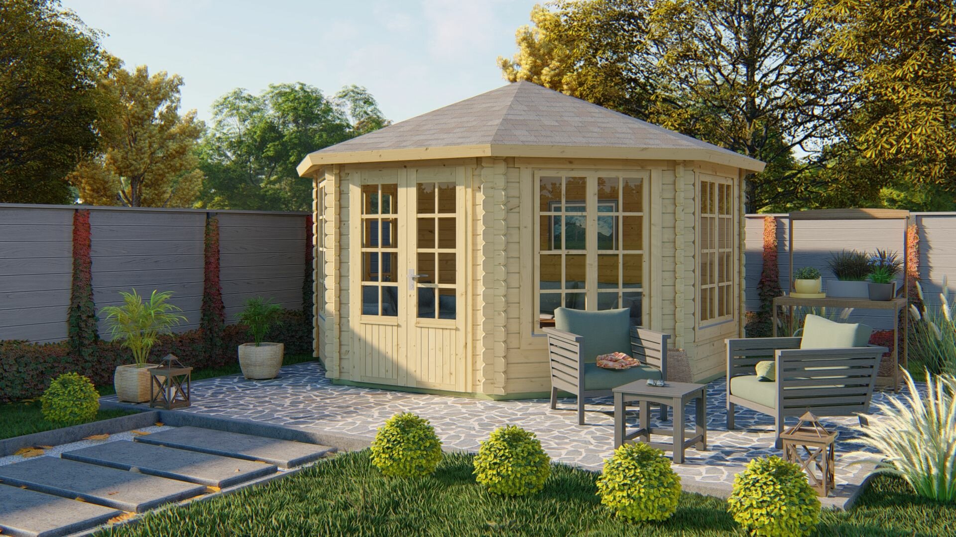 Blokhut Lynn 418 x 418 x 306 cm met piramidedak Wanddikte 44 mm - Tuinhuis