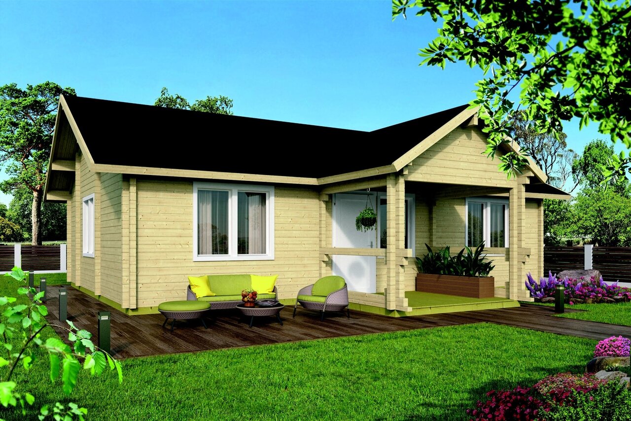 Blokhut Finn 1040 x 740+238 x 365 cm - Prefab Houten Woning - Luxe Chalet