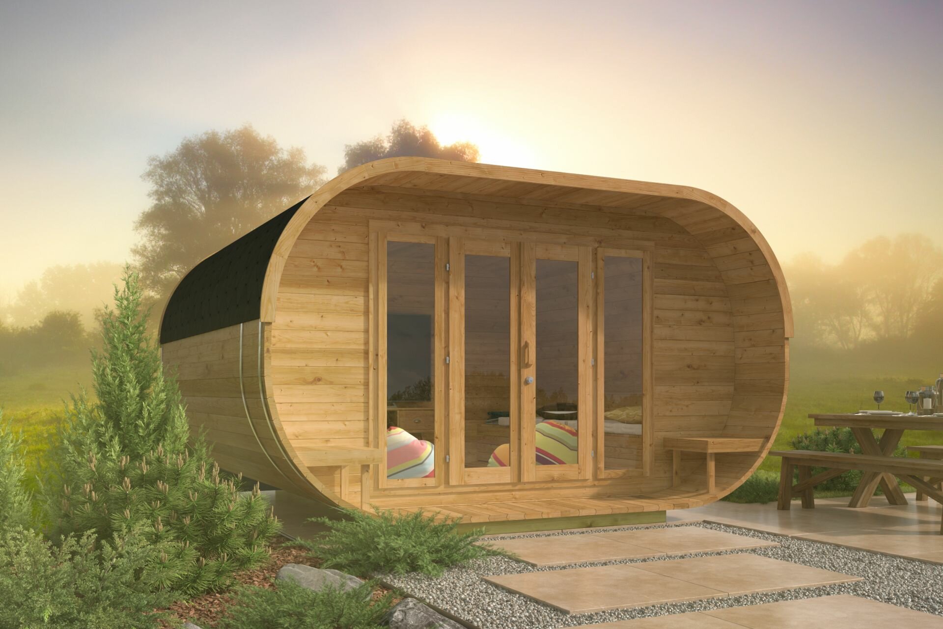 Thermowood Blokhut Oval Office 405x400cm &ndash; Luxe Tuinkantoor of Studio