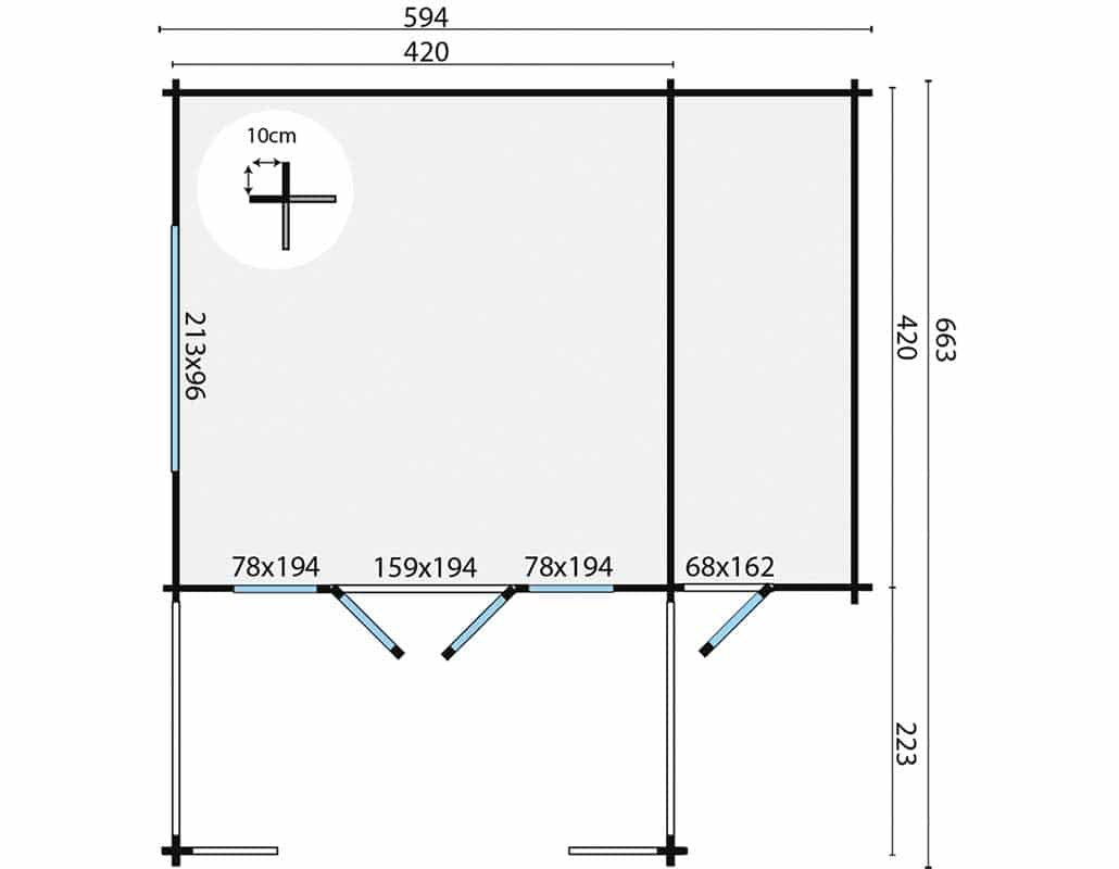 Blokhut Manchester 594 x 440 x 263 cm + Luifel 223 cm Wanddikte 58 mm - Tuinhuis
