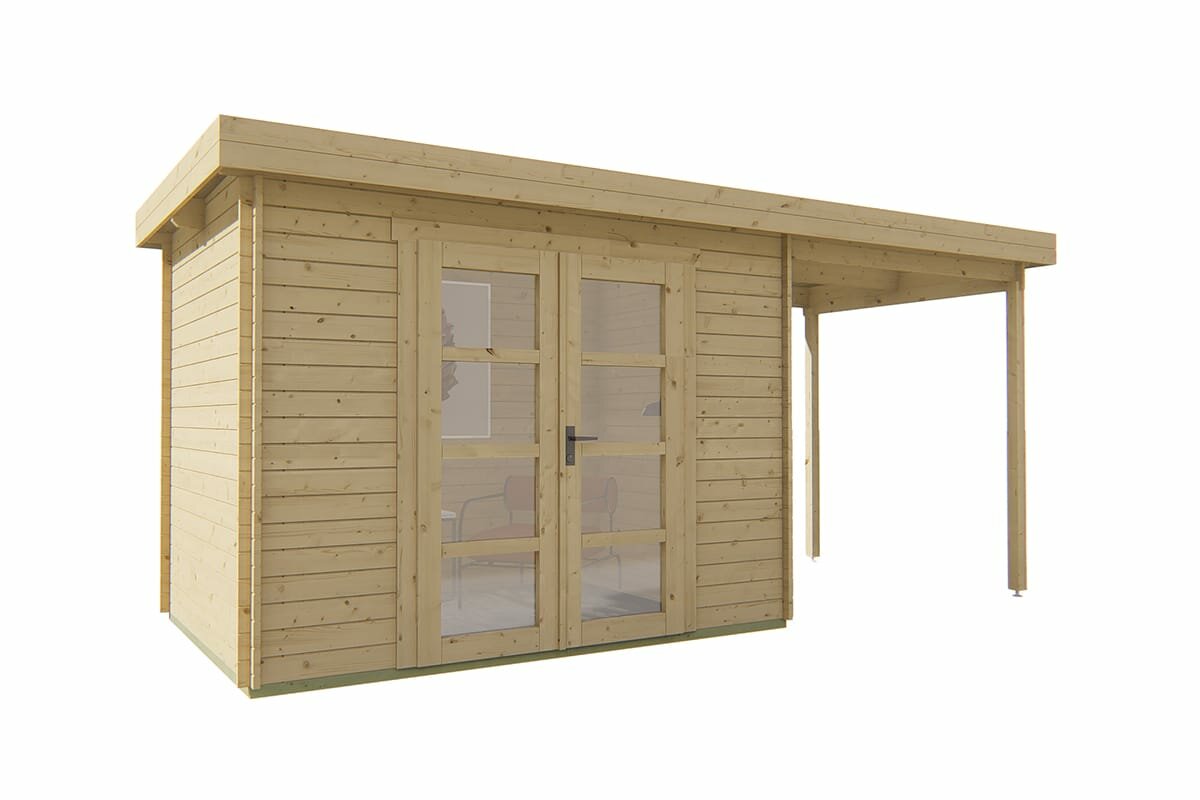 Blokhut Middelmodern 300 x 200 x 230 cm met zijluifel 200 cm - Tuinhuis