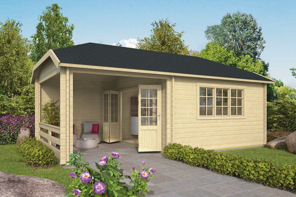 Blokhut Torkel met Overkapping 700 x 420 cm - Tuinhuis met Wolfskap dak