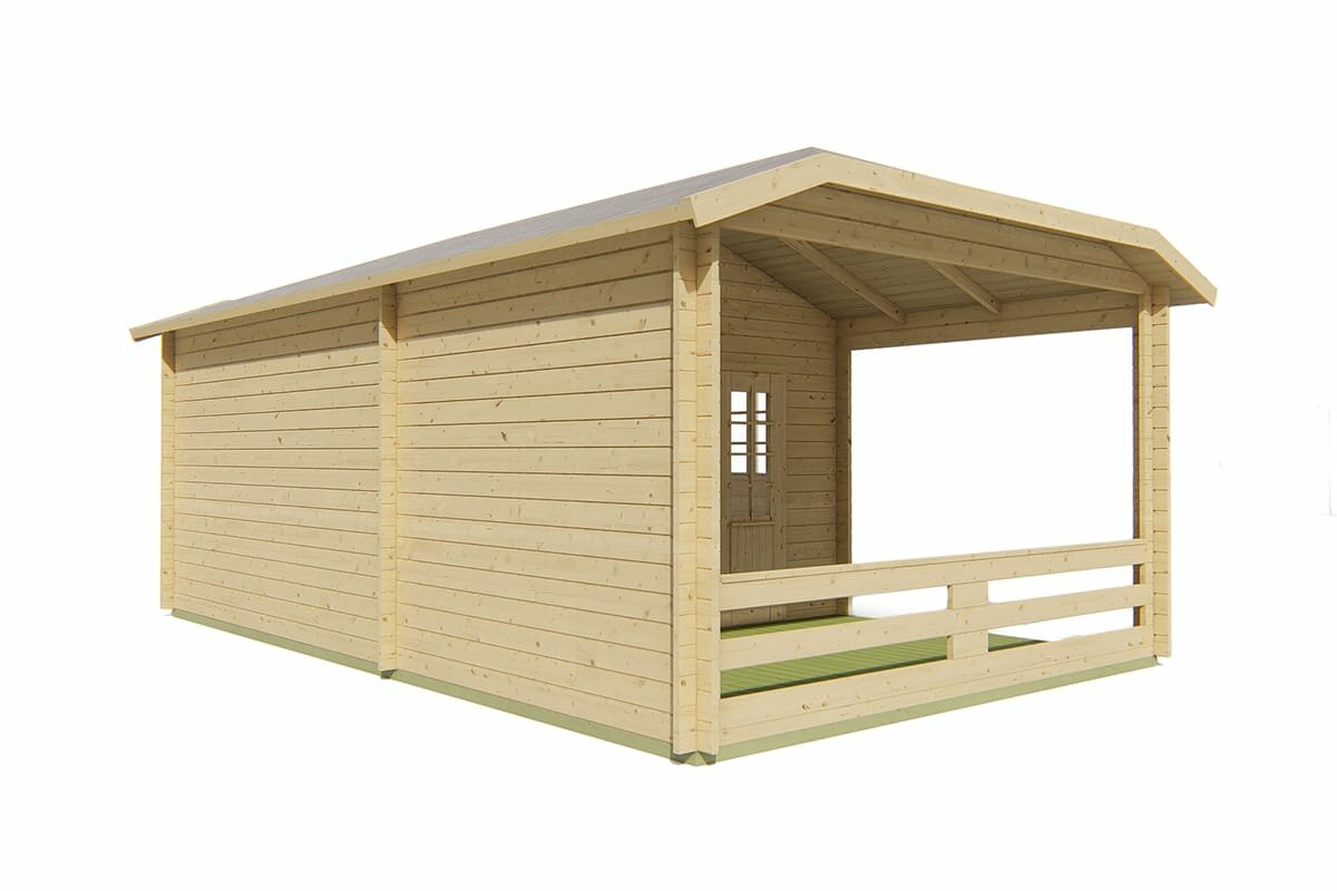 Blokhut Torkel met Overkapping 700 x 420 cm - Tuinhuis met Wolfskap dak