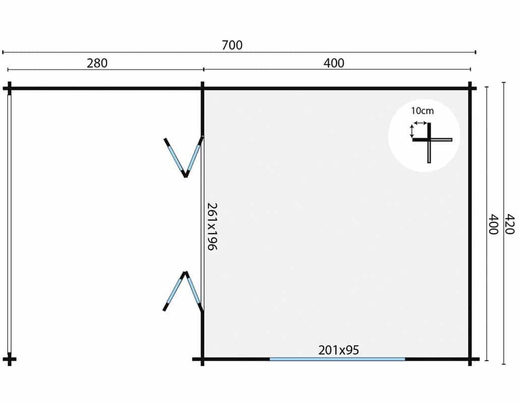 Blokhut Torkel met Overkapping 700 x 420 cm - Tuinhuis met Wolfskap dak