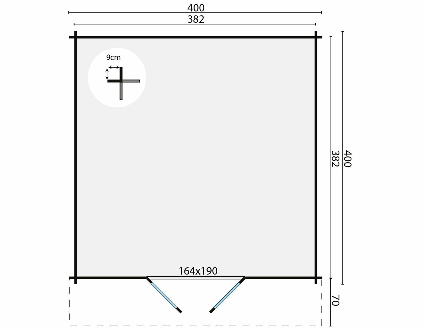 Blokhut Torrent 400 x 400 x 236 cm + Luifel 70 cm - Tuinhuis