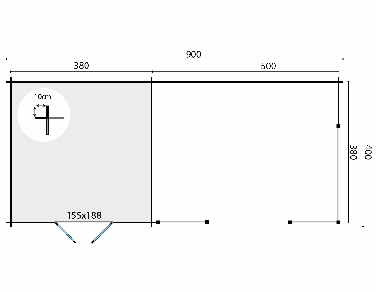 Blokhut Mokka 900 x 400 x 279 cm - Kapschuur Tuinhuis met overkapping
