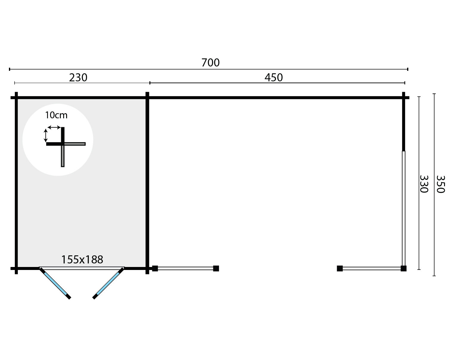 Blokhut Kukka 700 x 350 x 279 cm - Kapschuur Tuinhuis met overkapping