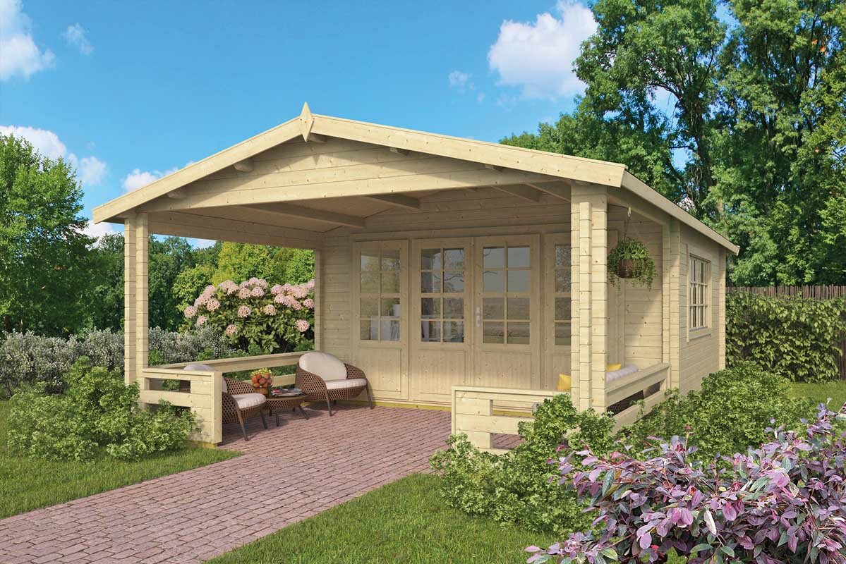 Blokhut Leeds 440 x 440 + Voorluifel 290 cm - Tuinhuis