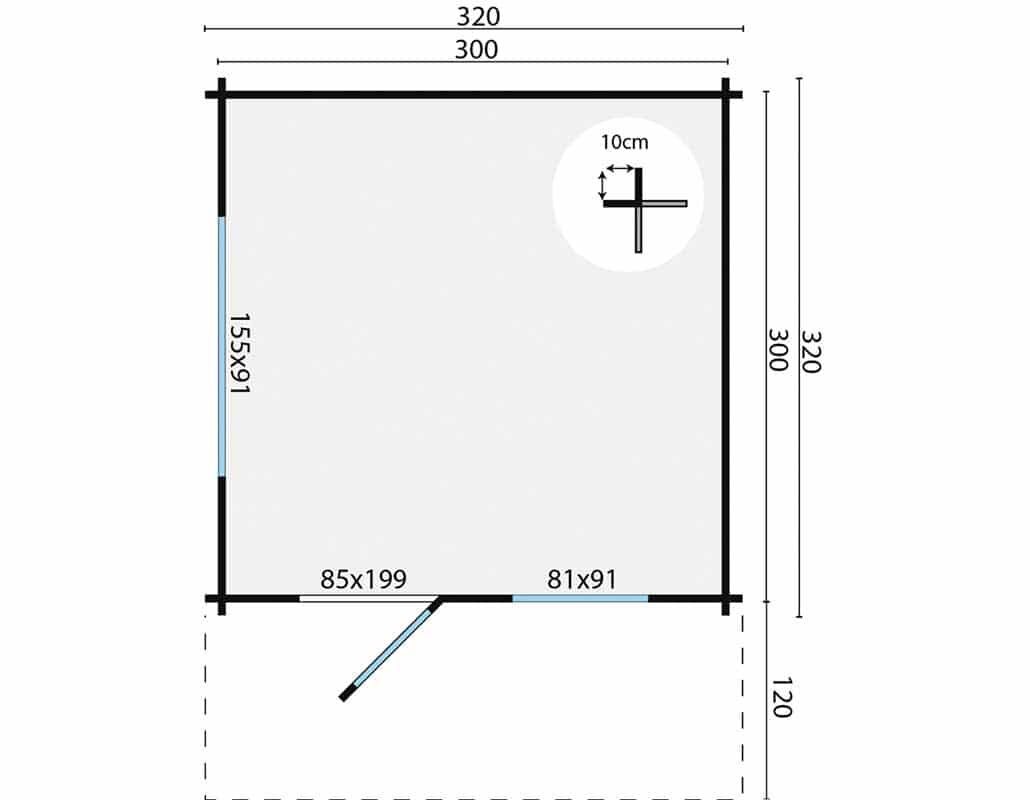 Blokhut Riho 320x320 cm + luifel 120 cm - Tuinhuis