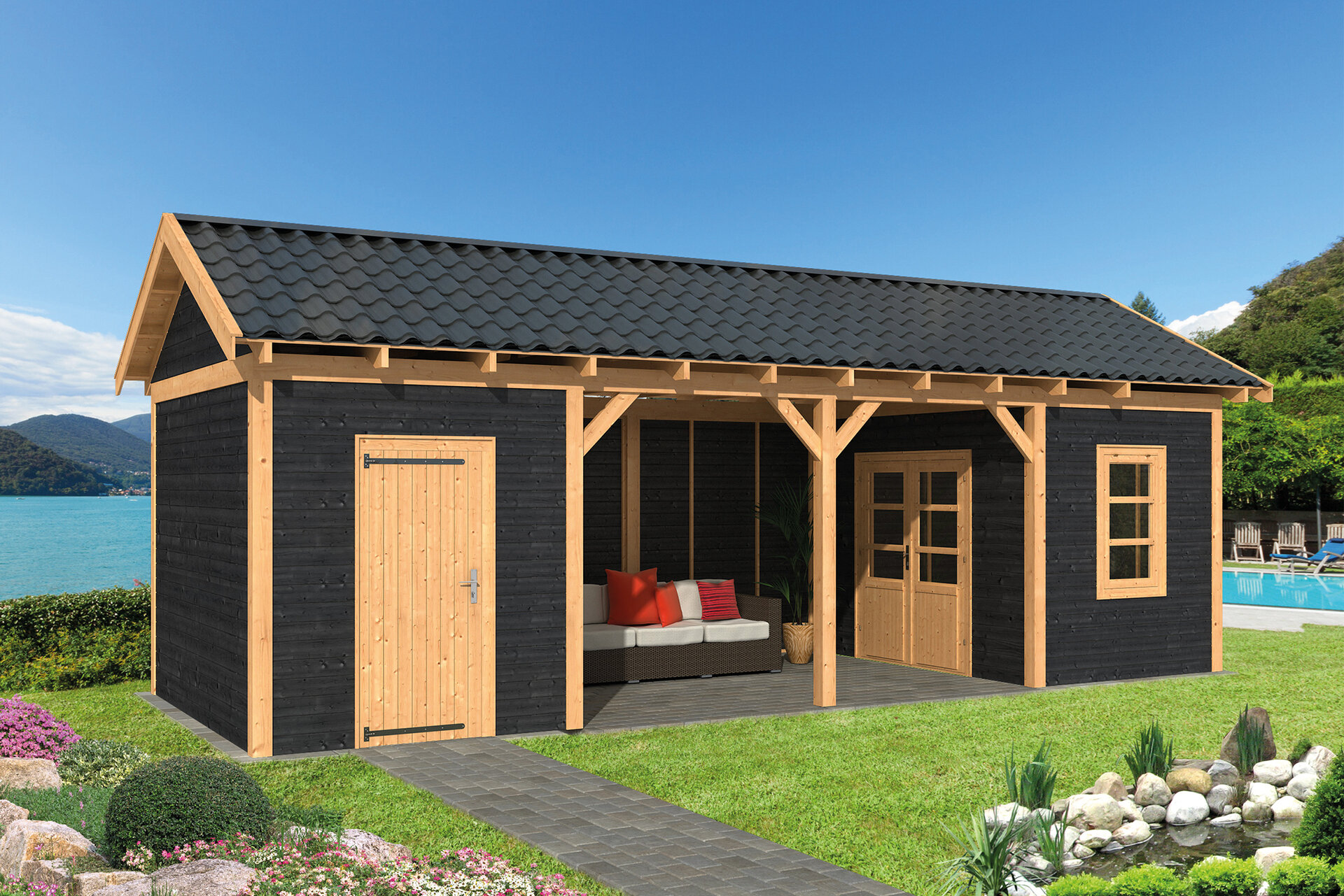 Overkapping Zadeldak Hamar L , Type 12  - 903 x 395 x 348 cm - Blanke wanden
