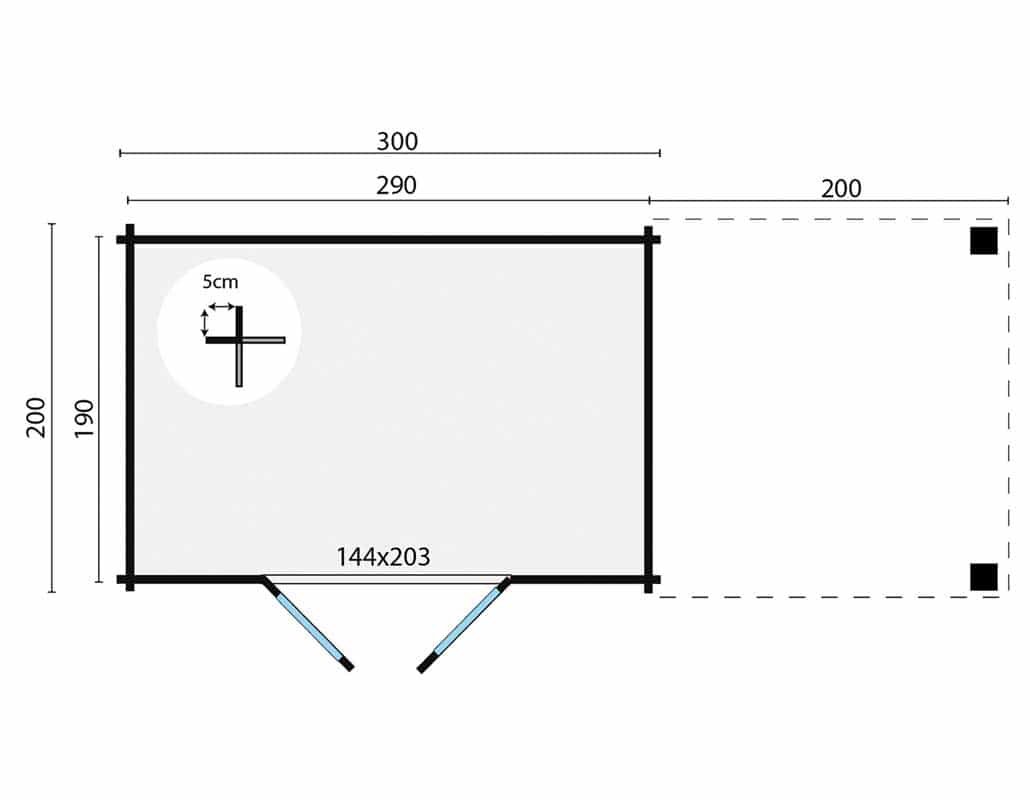 Blokhut Middelmodern 300 x 200 x 230 cm met zijluifel 200 cm - Tuinhuis