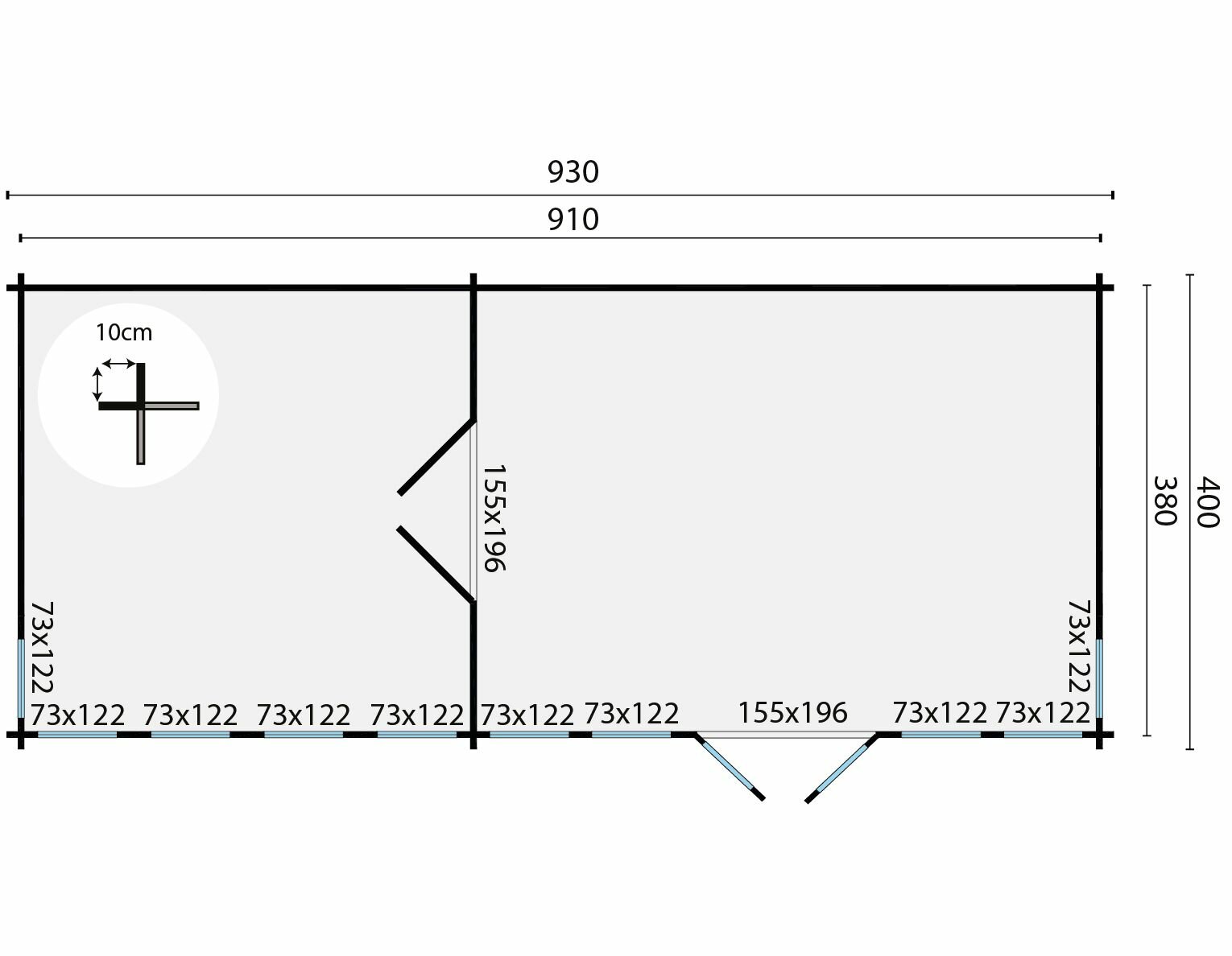 Plattegrond Blokhut Big Lauren 930 x 400 x 351 cm Wanddikte 70 mm - Tuinhuis