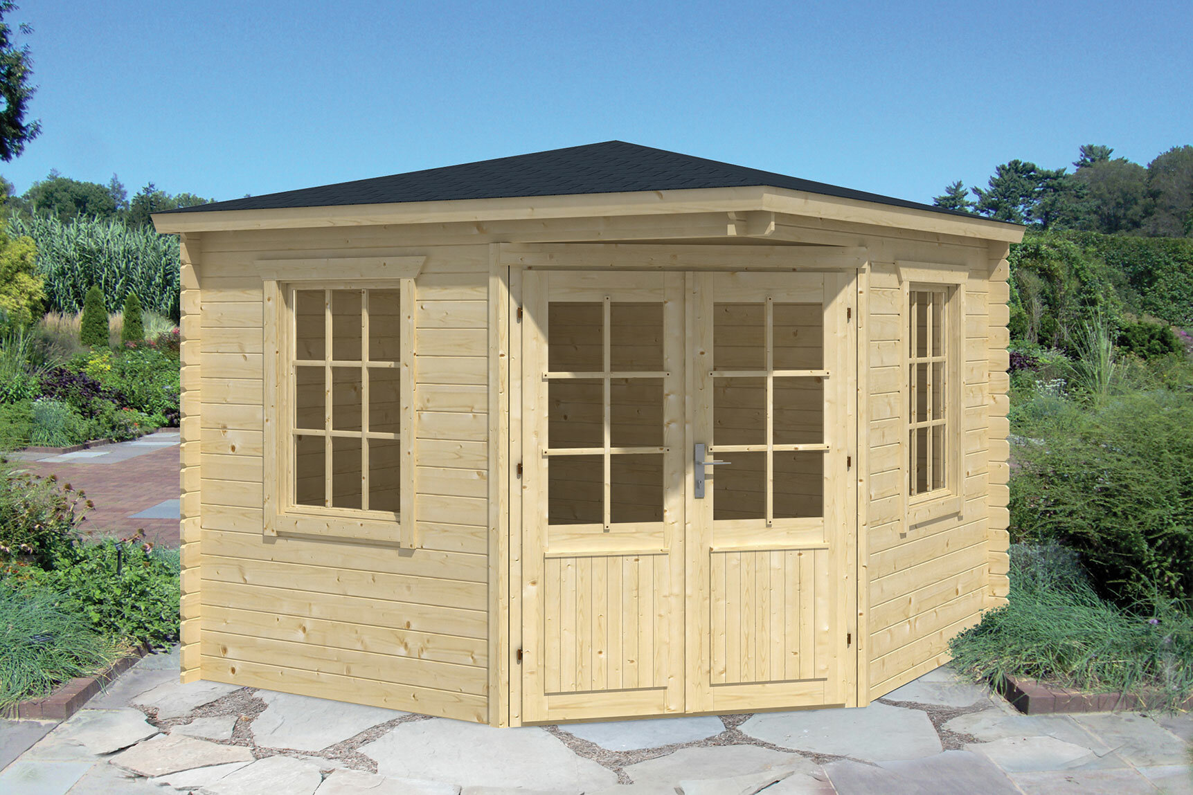 Blokhut Asmund 300 x 300 cm 5 hoekig tuinhuis Wanddikte 28 mm