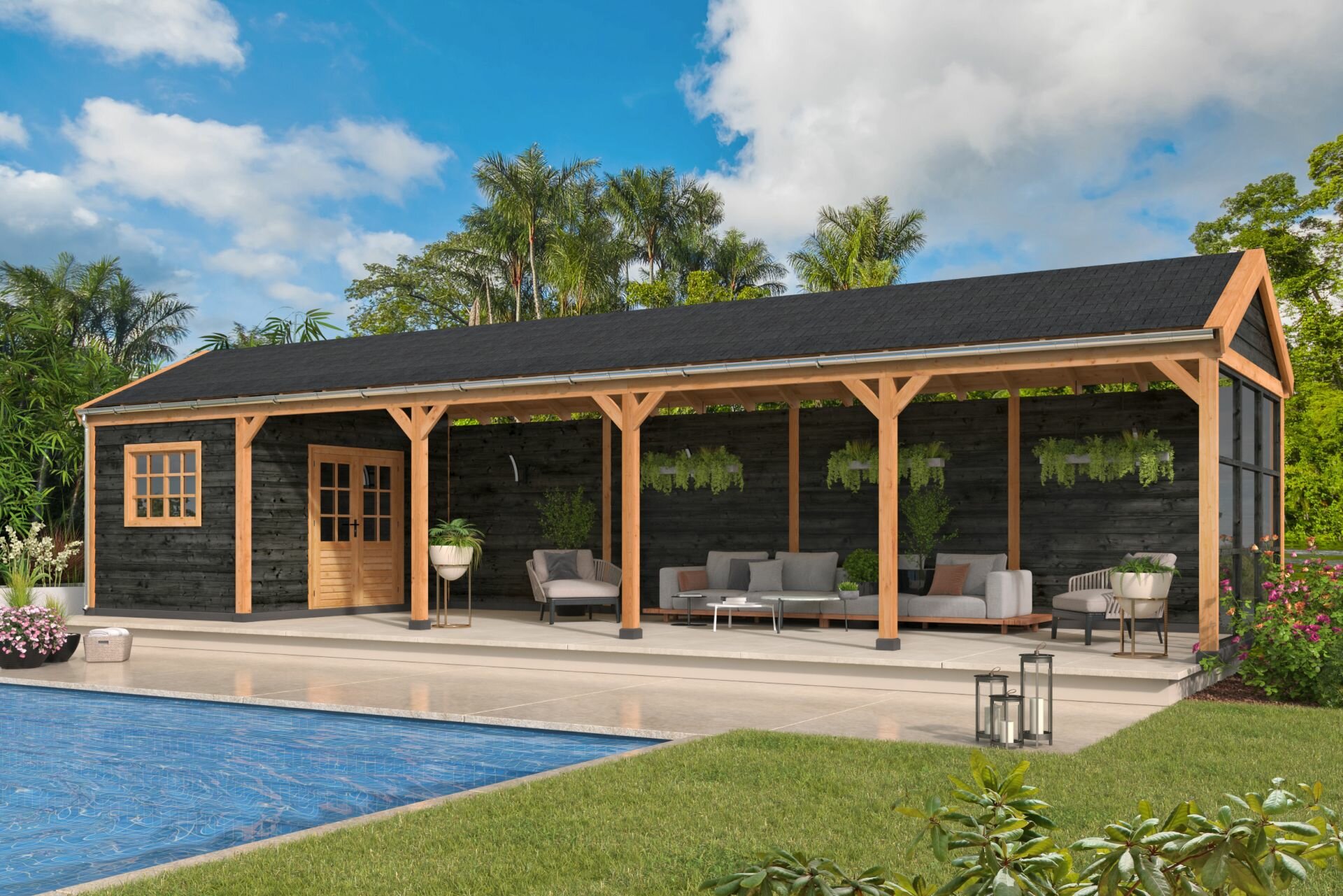 Overkapping Goteborg met zadeldak, type 4 - 1345 x 399 cm - Red Class Wood 