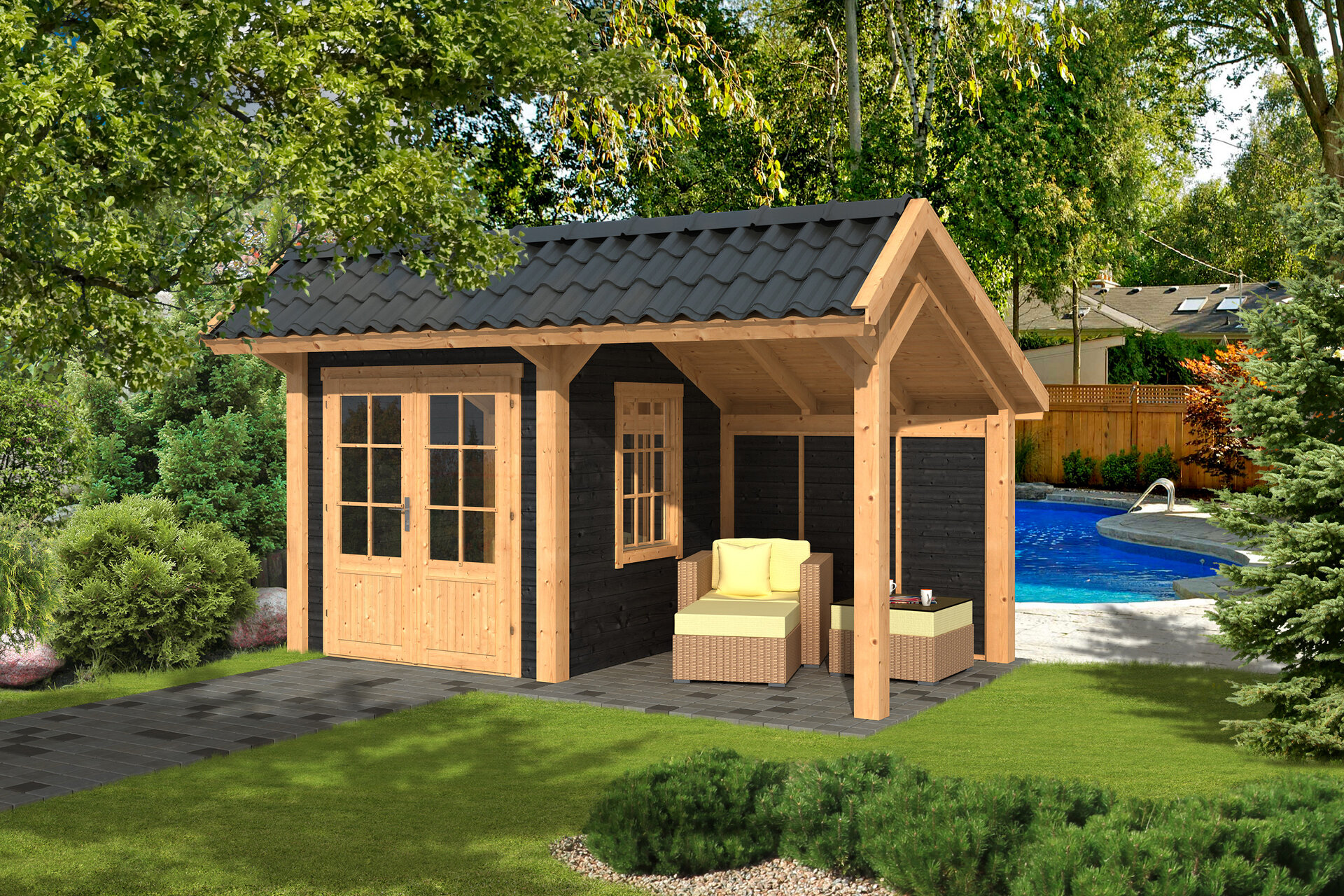 Kapschuur Bergen L, type 3 - 465 x 318 cm - Zwart gespoten Douglas