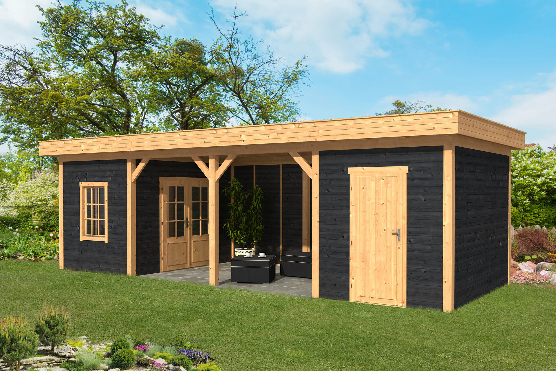 Overkapping Oslo L, type 12 - 895 x 371 cm - Zwart gespoten Douglas