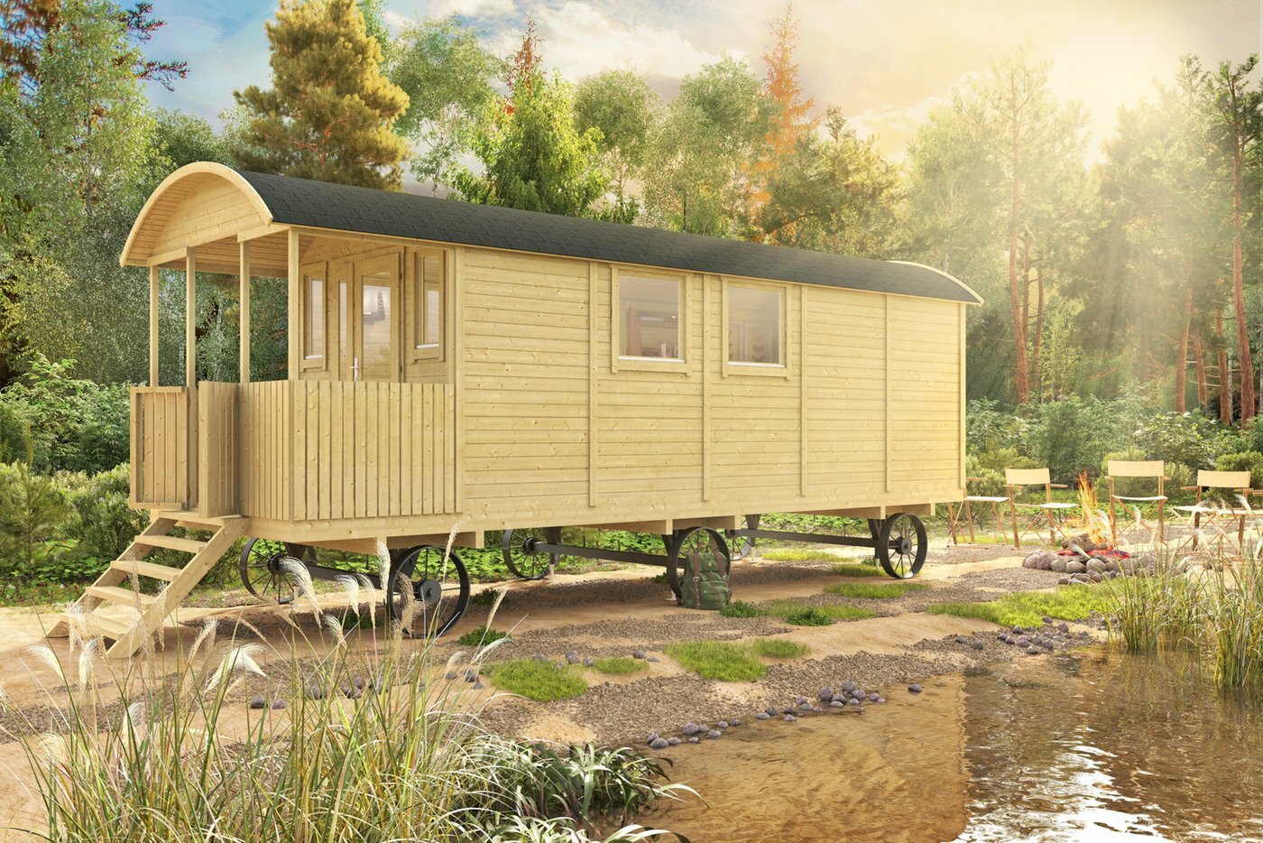 Pipowagen 720 x 240 cm met veranda - Zigeunerwagen Kathleen 