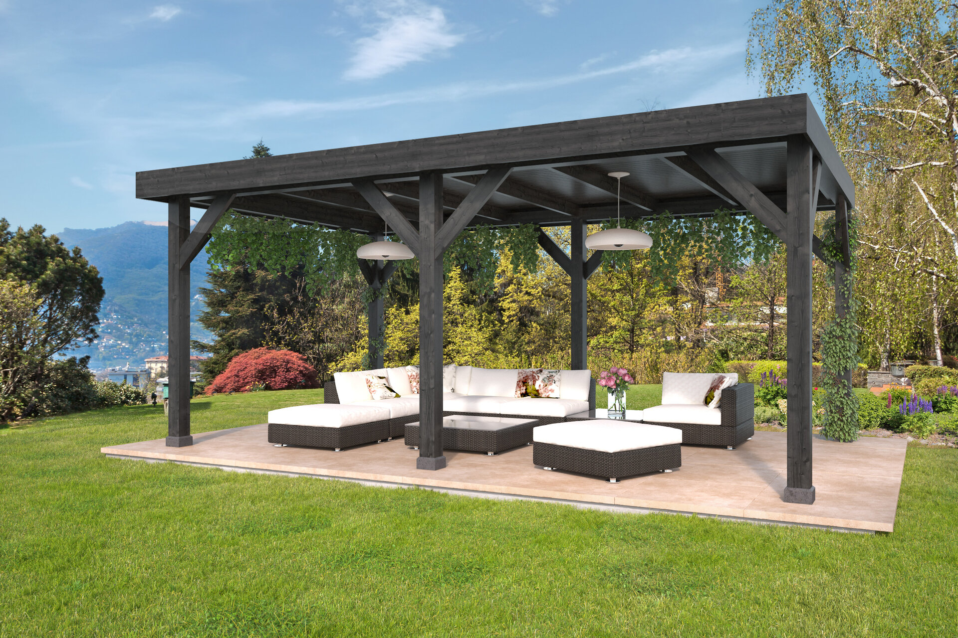 Overkapping Rijssen Douglas 600 x 400 cm - Zwart Ge&iuml;mpregneerd