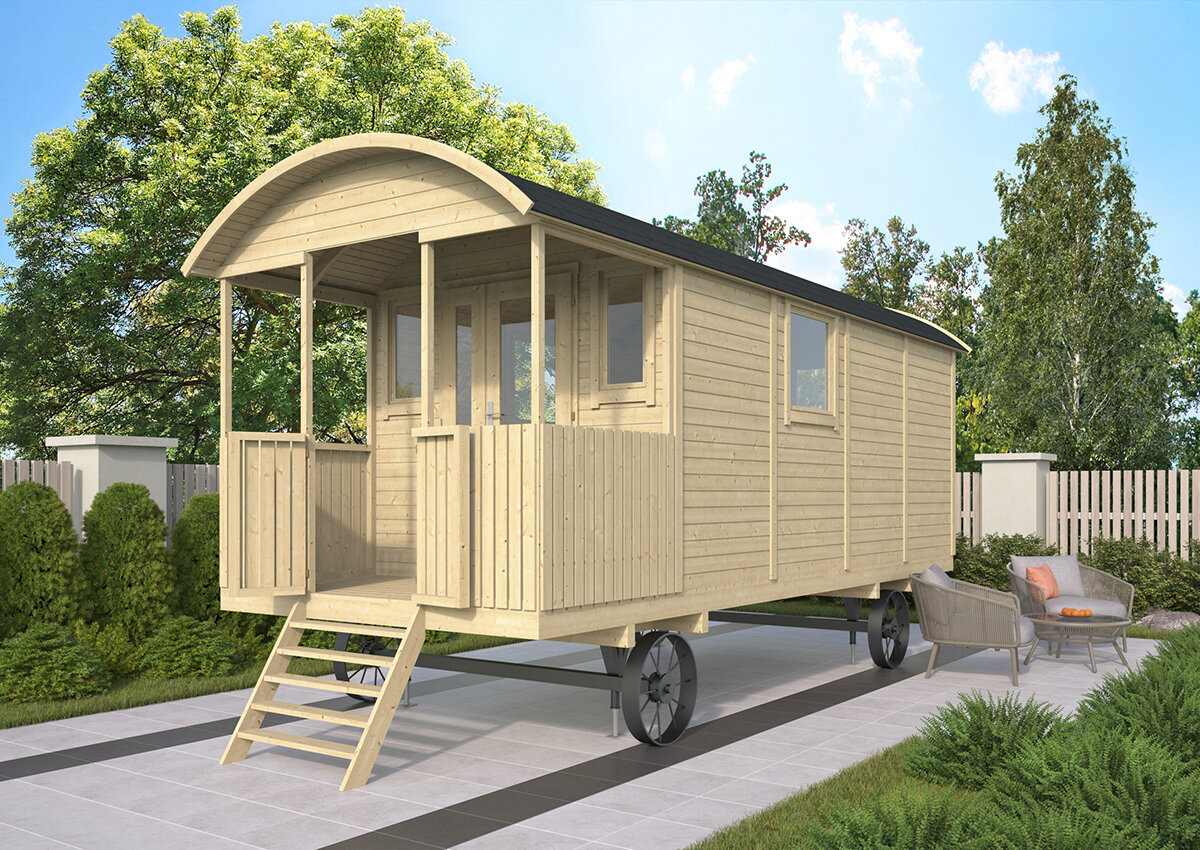 Pipowagen 720 x 240 cm met veranda - Zigeunerwagen Kathleen 