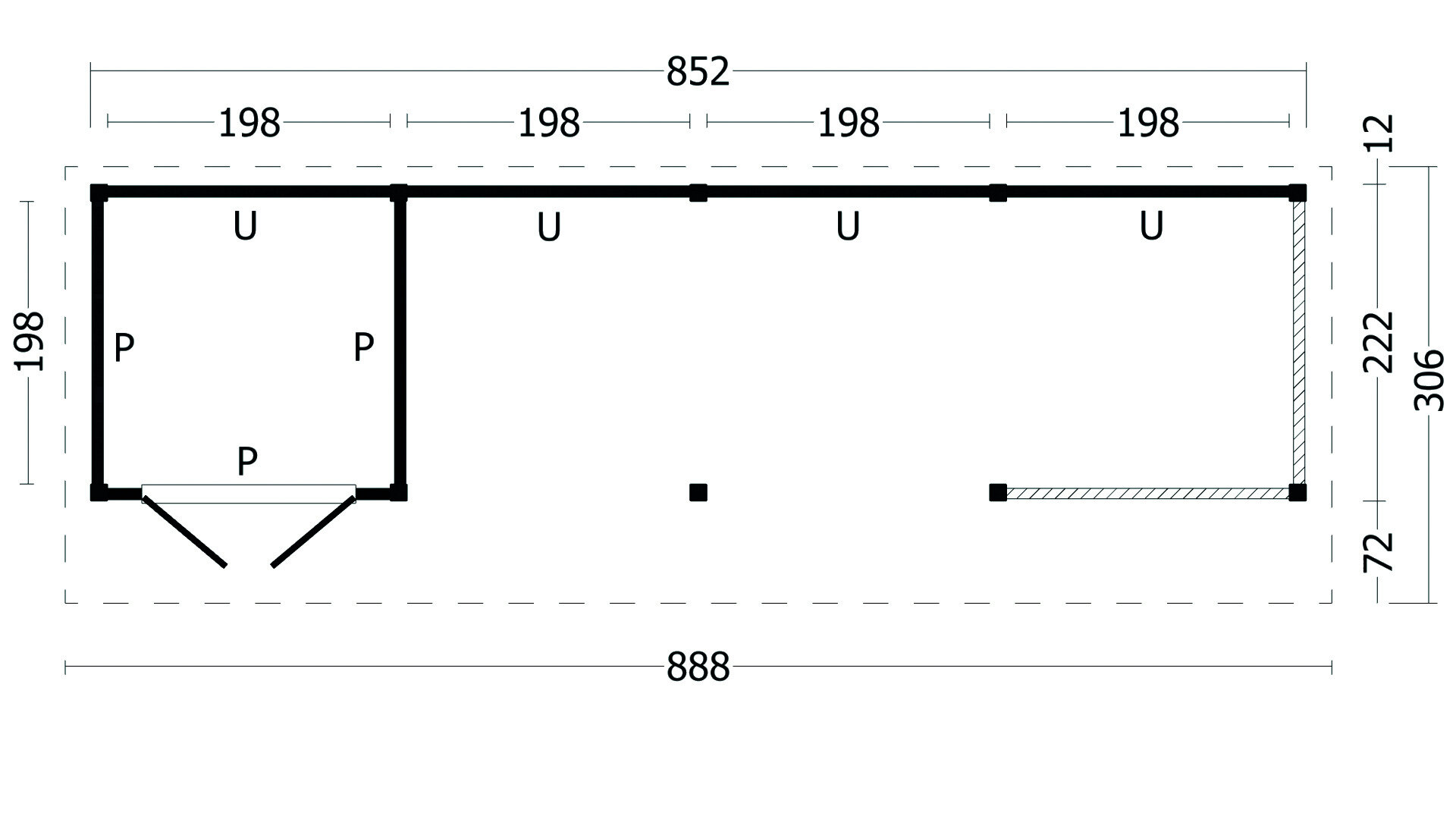 Kapschuur Bergen L, type 11 - 880 x 318 cm - Zwart gespoten Douglas