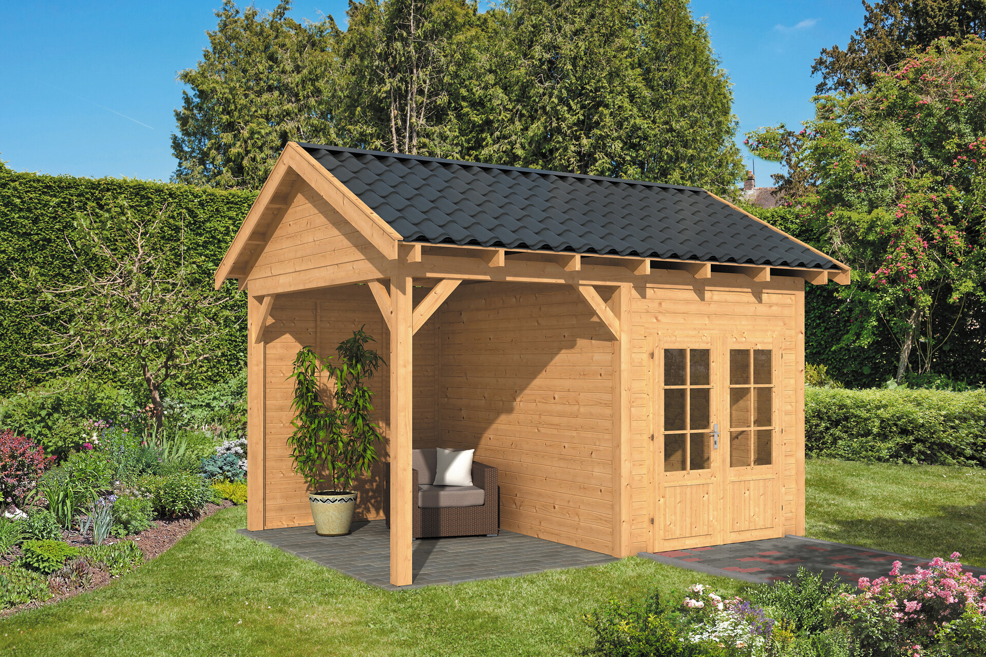 Overkapping Hamar L type 3 Douglas 475 x 395 cm - Blanke wanden