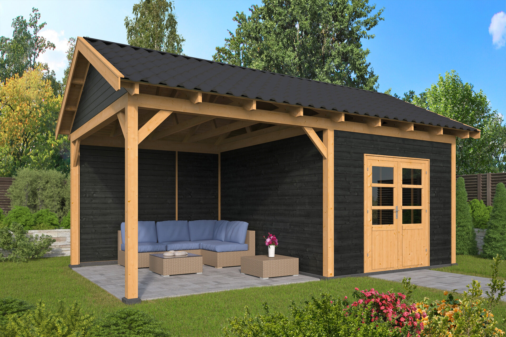 Overkapping Hamar XL type 3 Douglas 675 x 445 cm - Zwarte wanden