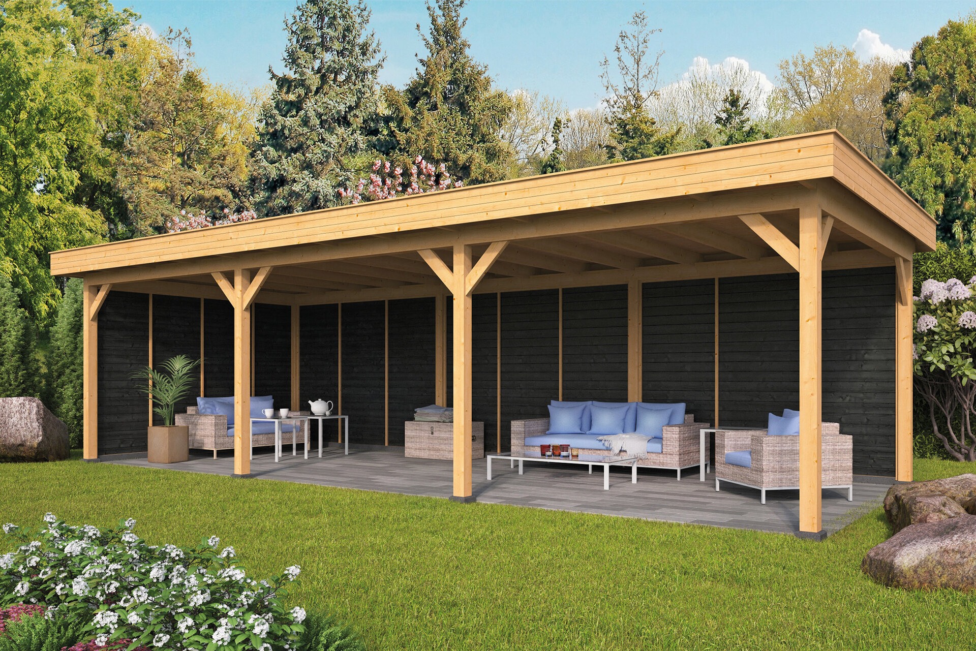 Overkapping Oslo XL type 6 Douglas 980 x 430 cm - Zwarte wanden incl. EPDM