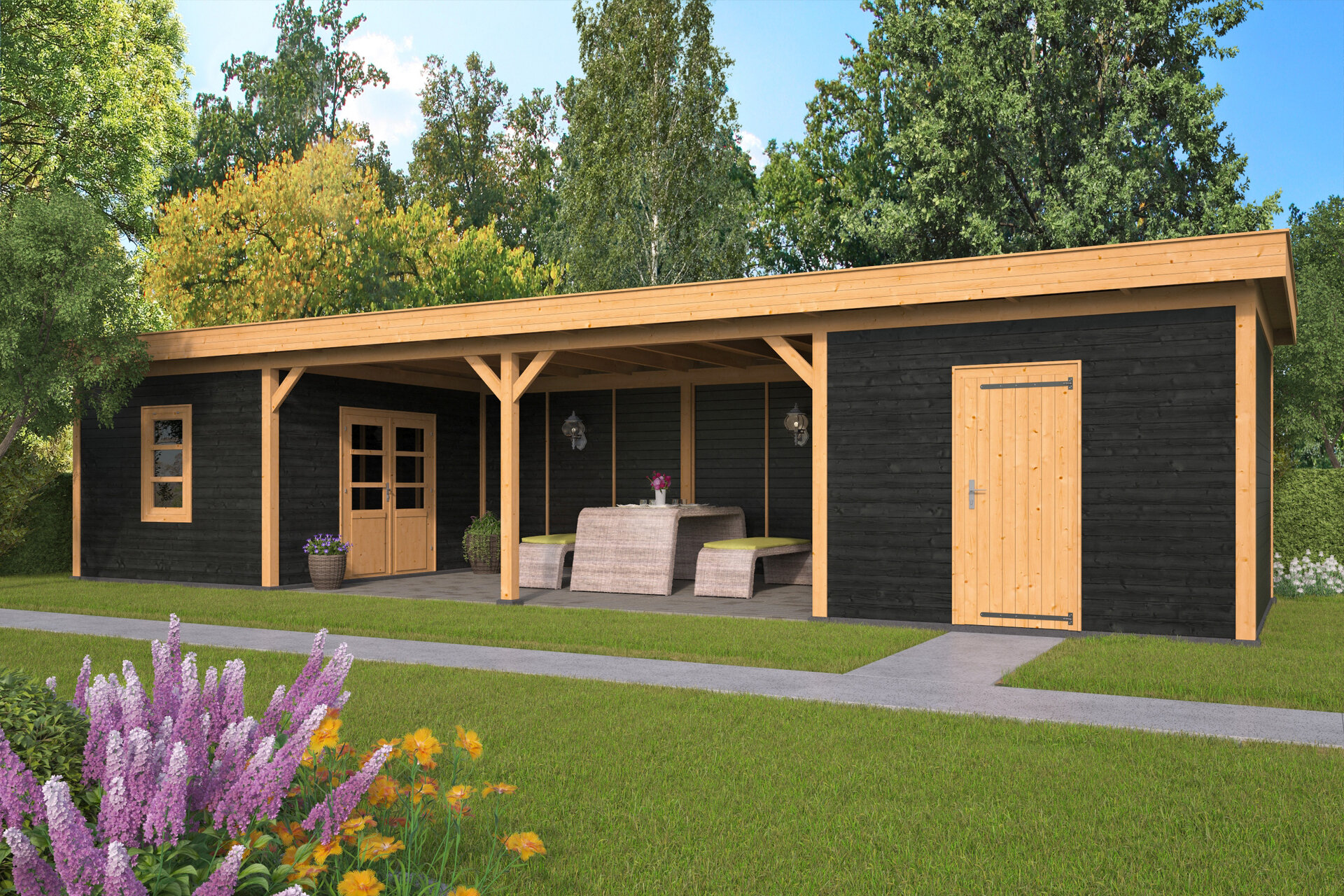 Overkapping Oslo XL type 12 Douglas 1292 x 430 cm - Zwarte wanden incl. EPDM
