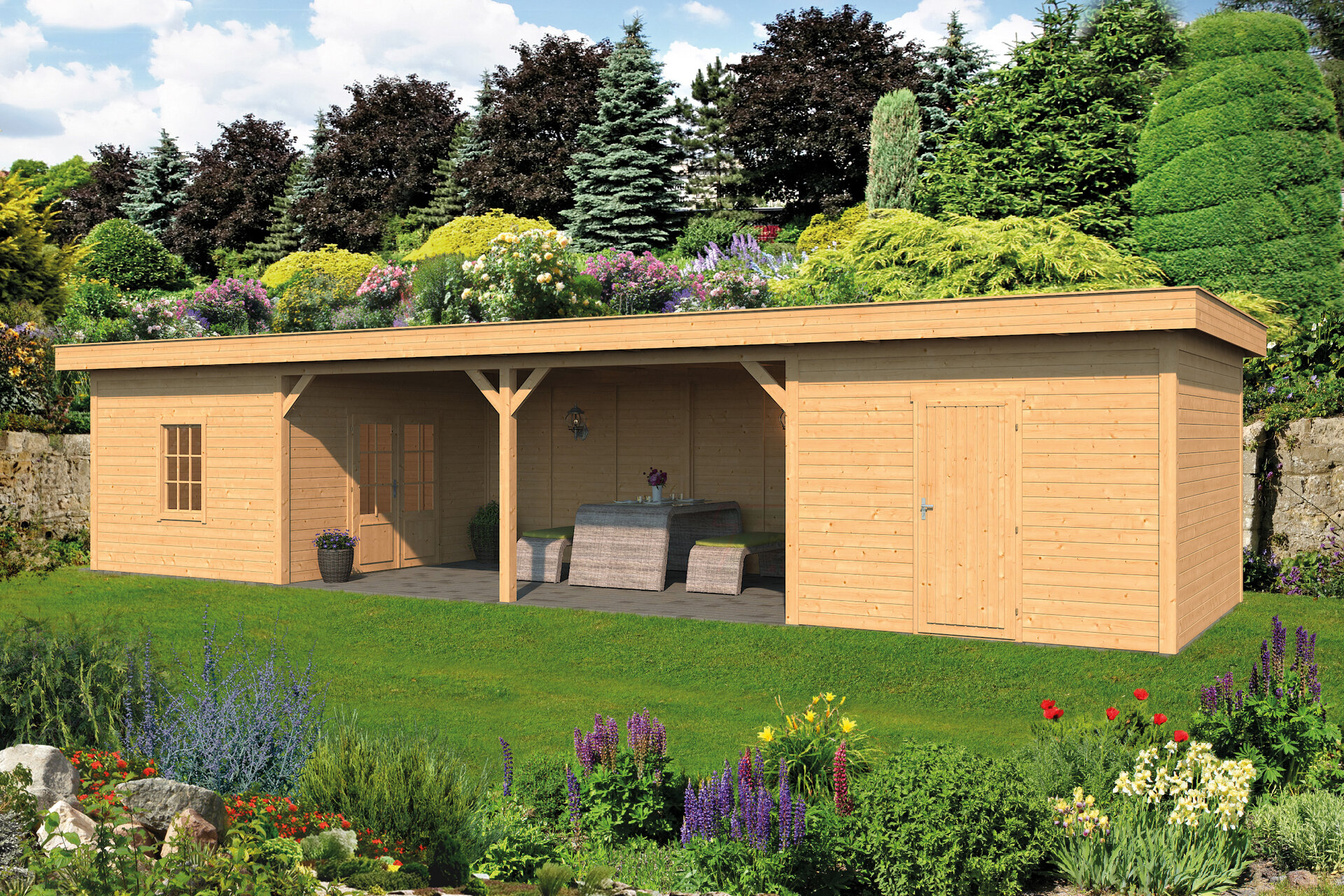Overkapping Oslo XL type 12 Douglas 1292 x 430 cm - Blanke wanden incl. EPDM