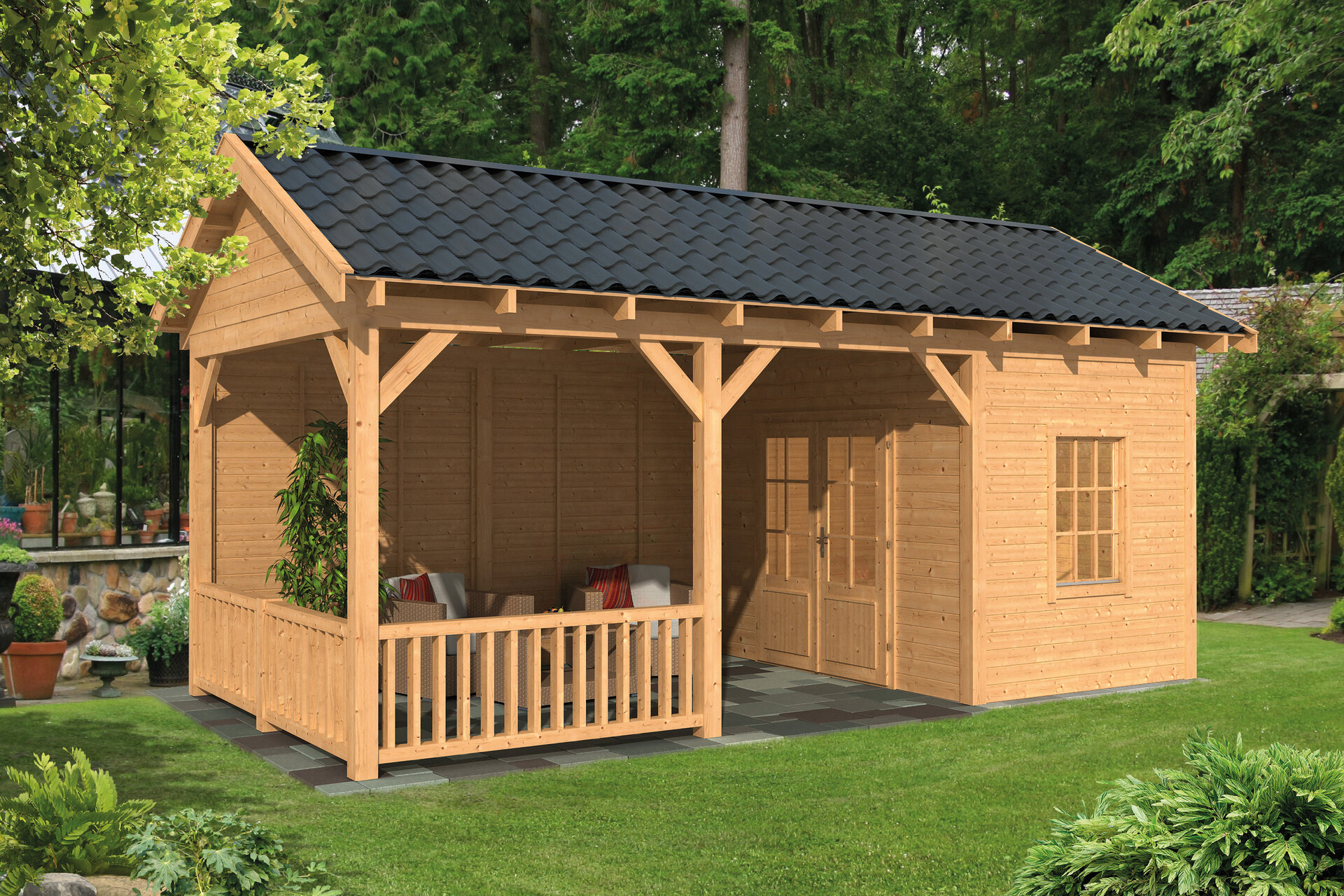 Overkapping Hamar L type 7 Douglas 690 x 395 cm - Blanke wanden