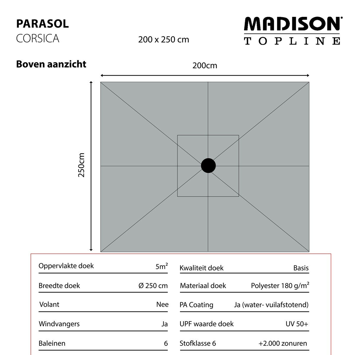 Madison Corsica push-up parasol 200x250 cm light grey