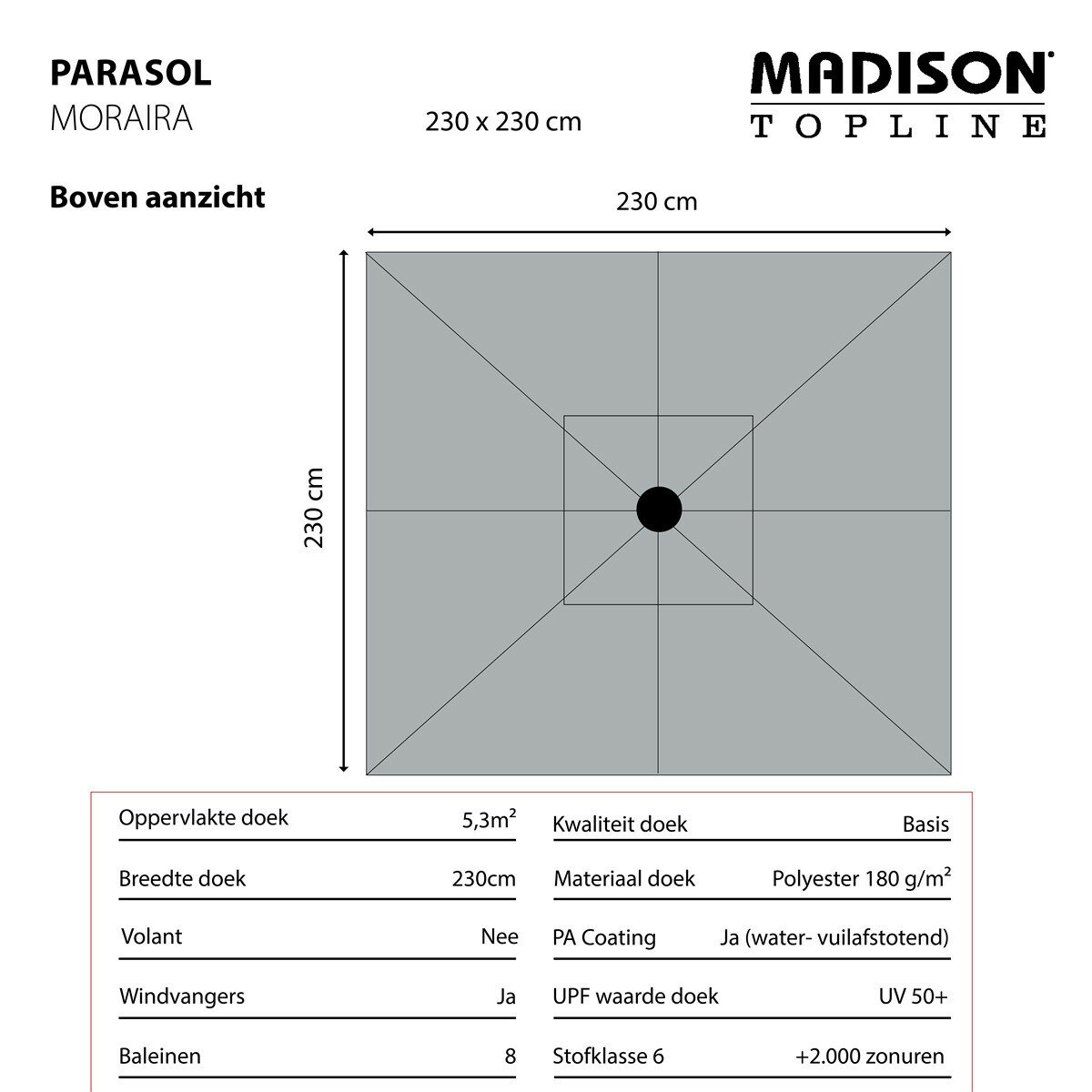 Madison Moraira push-up parasol 230x230 cm grey