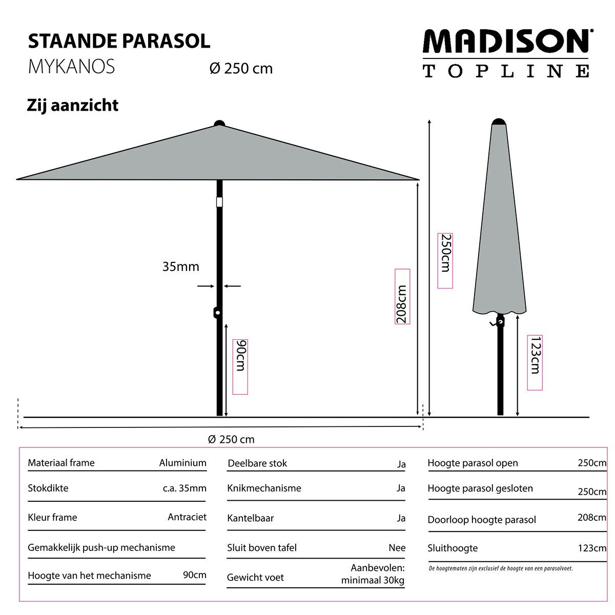 Madison Mykanos push-up parasol &Oslash;250 cm ecru