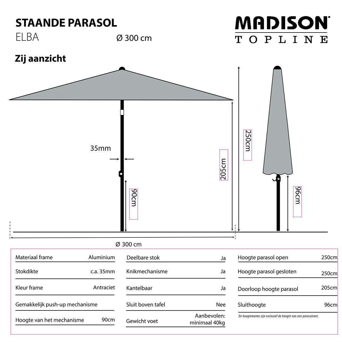 Madison Elba push-up parasol &Oslash;300 cm light grey