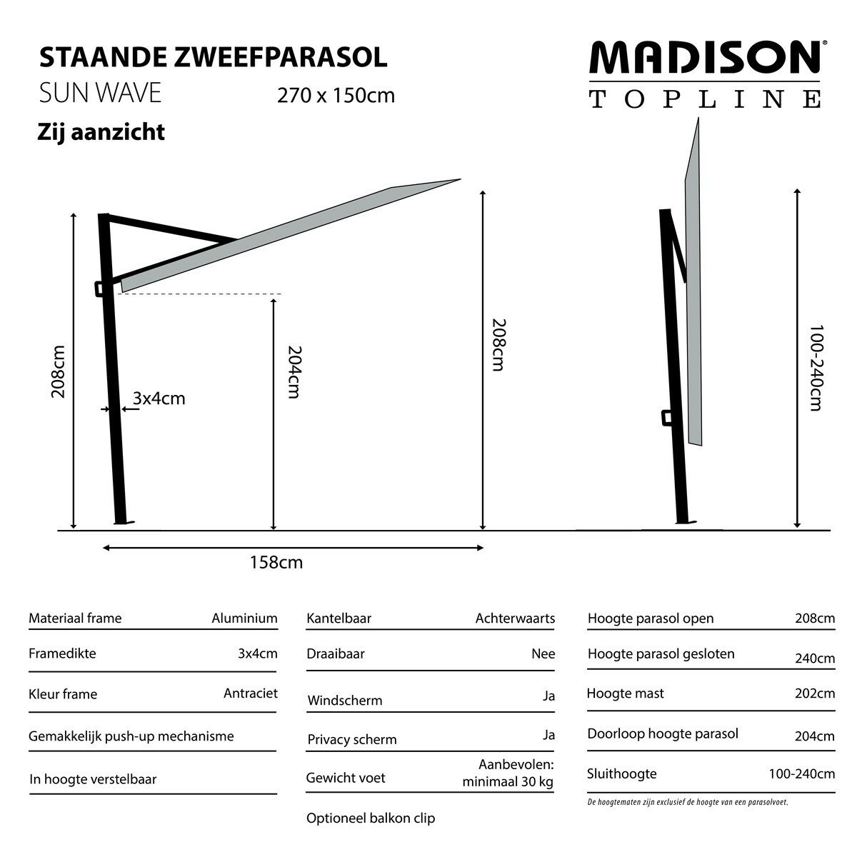 Madison Sun Wave parasol 270x150 cm light grey
