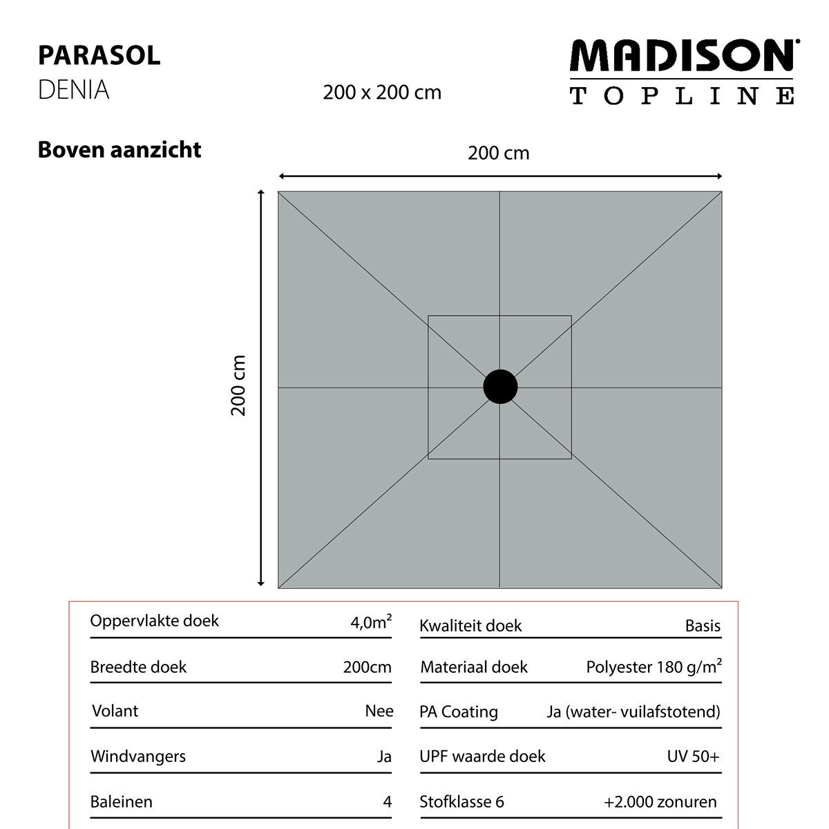 Madison Denia push-up parasol 200x200 cm grey