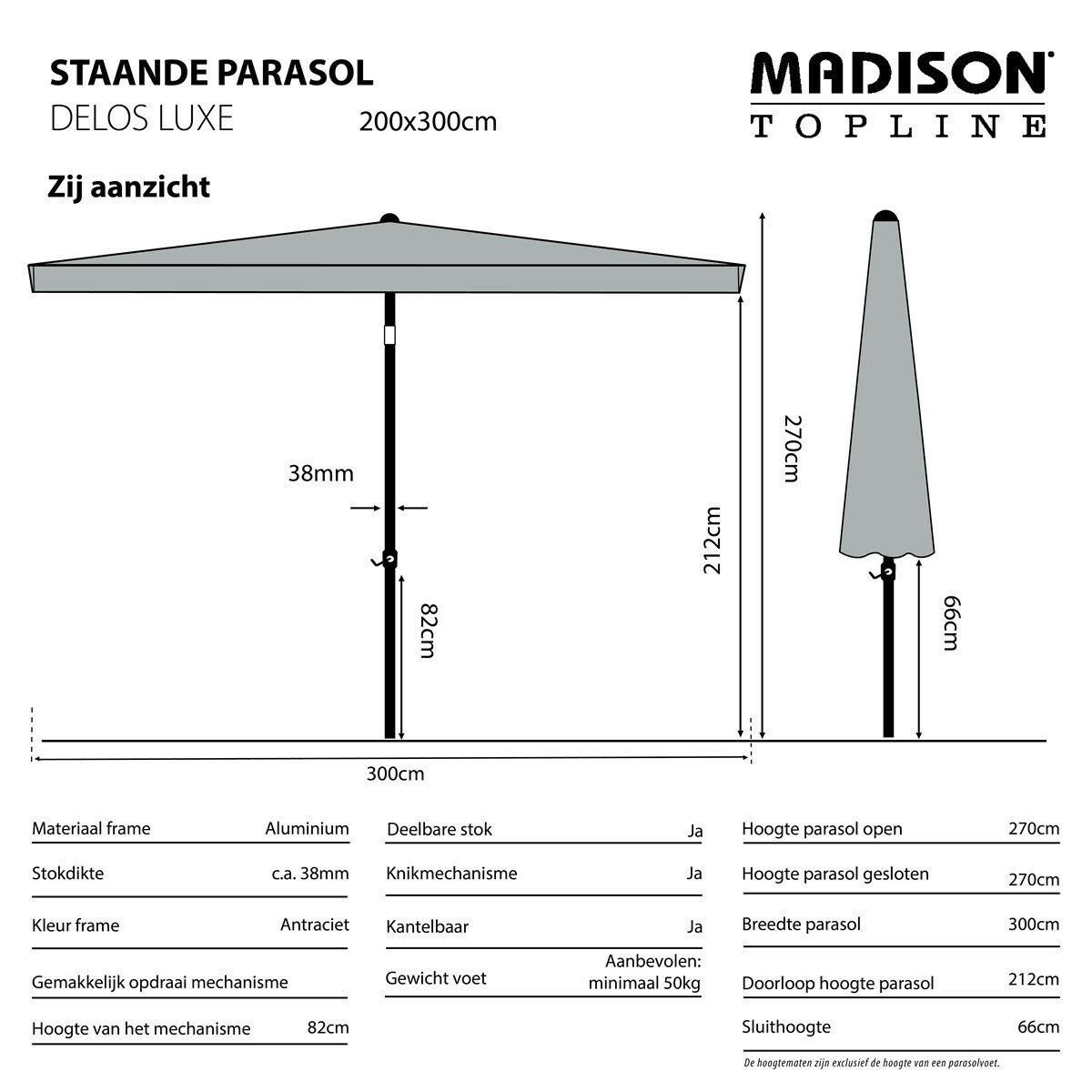 Madison Delos luxe parasol 200x300 cm taupe