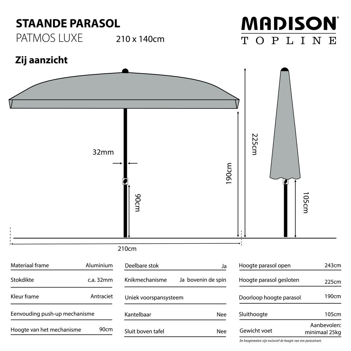 Madison Patmos luxe parasol 210x140 cm light grey