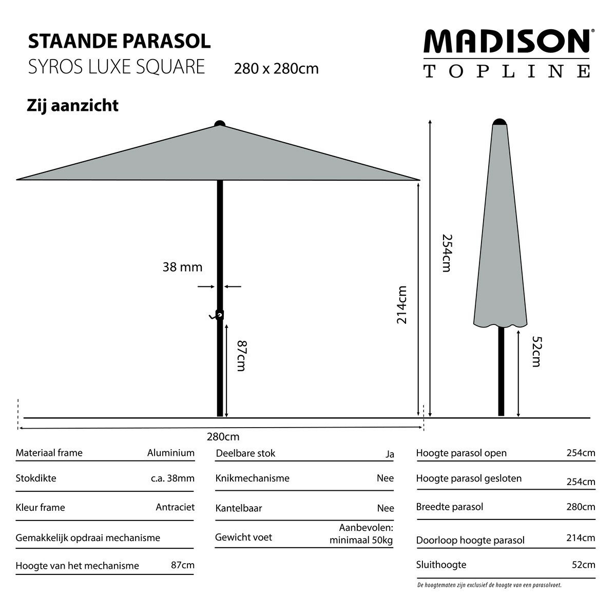 Madison Syros luxe parasol 280x280 cm grey