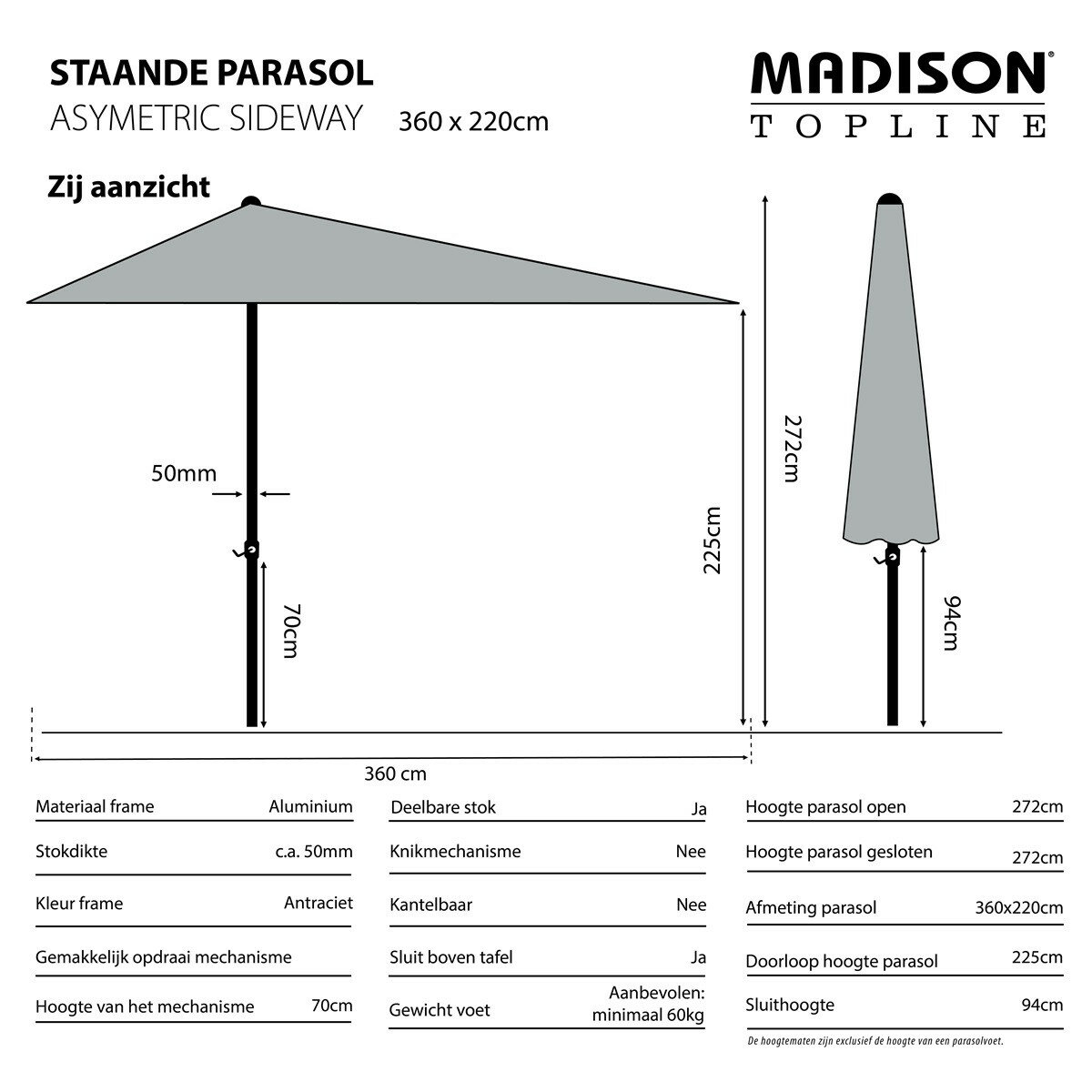 Madison Asymetric Sideway parasol 360x220 cm grey