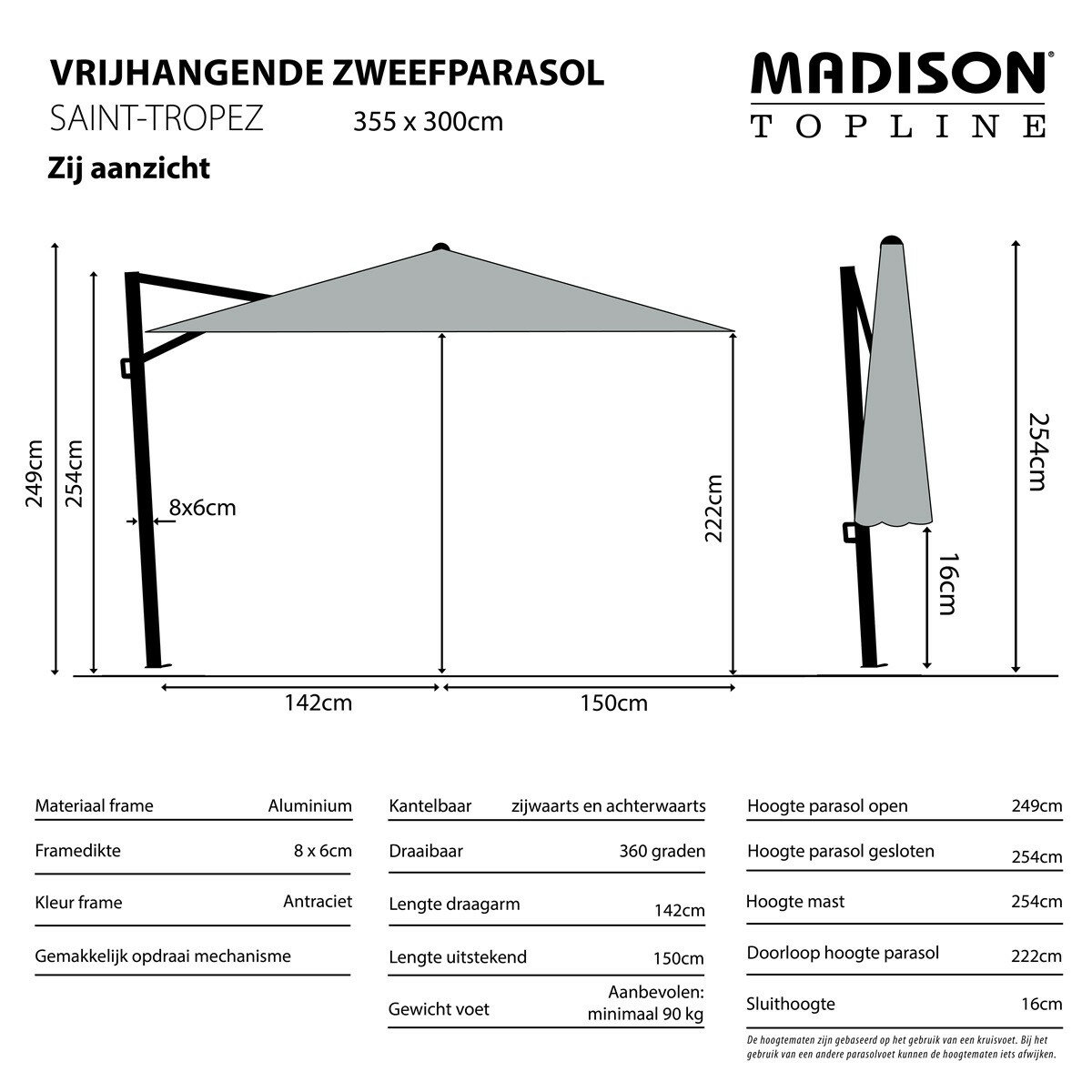 Madison Saint-Tropez zweefparasol 355x300 cm grey