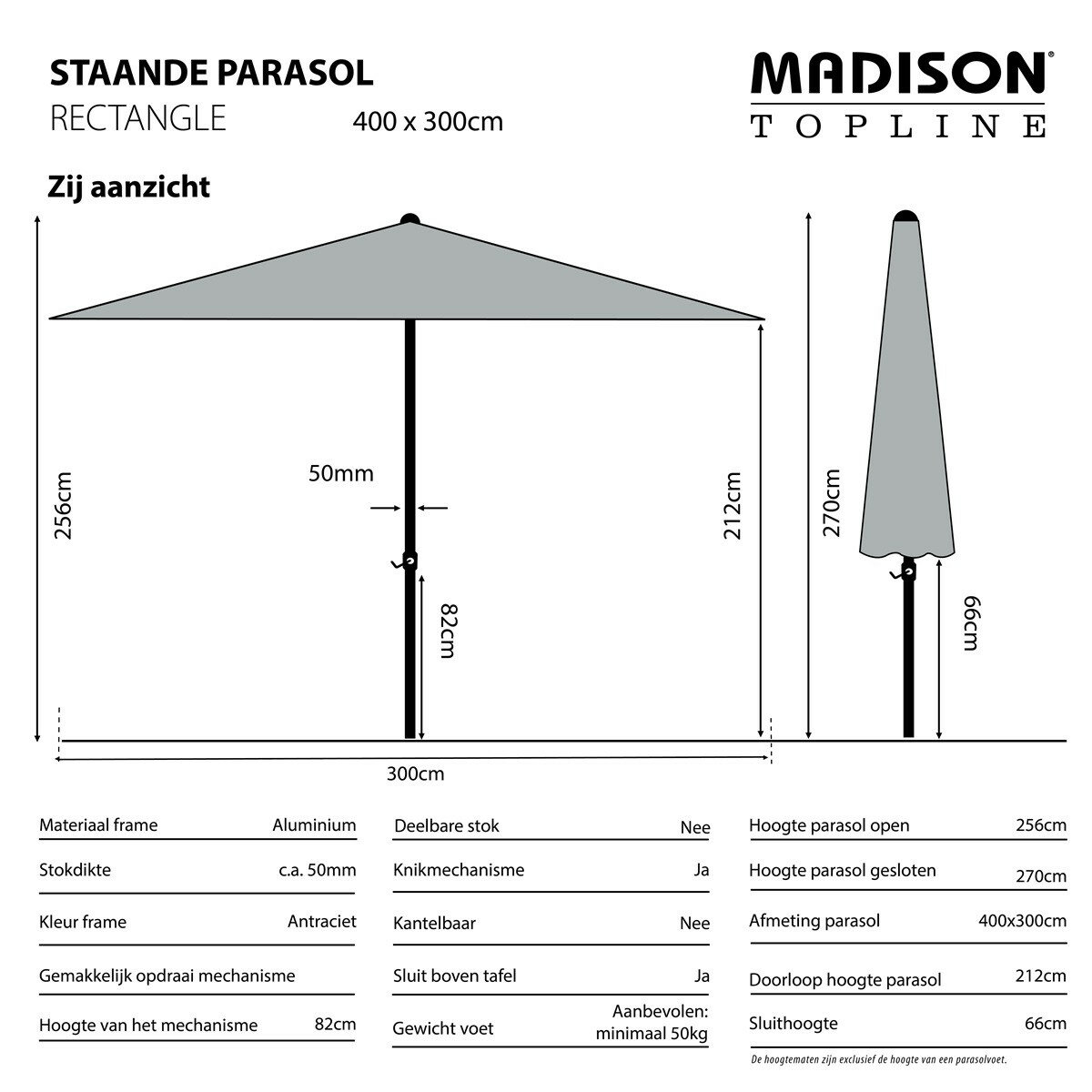 Madison rechthoekige parasol 400x300 cm ecru