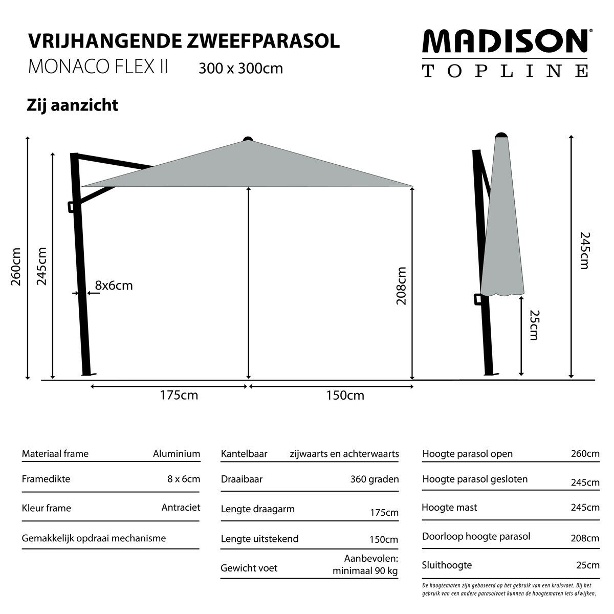Madison Monaco Flex III zweefparasol 300x300 cm taupe