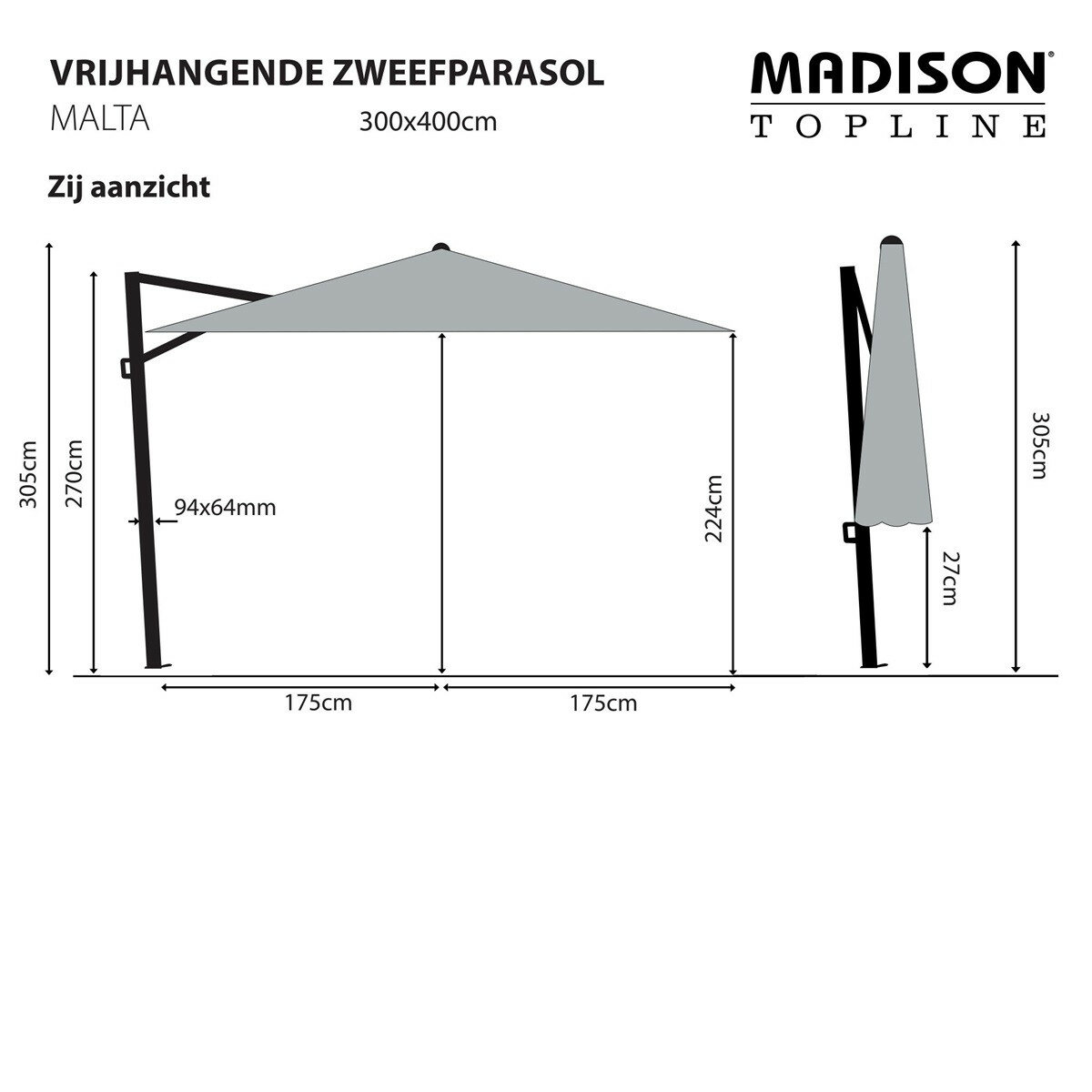 Madison Malta zweefparasol 300x400 cm taupe