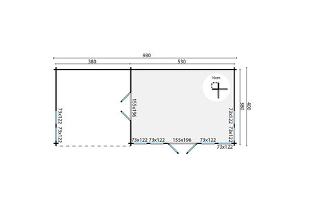 Blokhut Big Ben 930 x 400 x 351 cm Wanddikte 70 mm - met Overkapping 