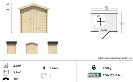 Blokhut Irina 200 x 155 x 217 cm Wanddikte 19 mm - Tuinhuisje