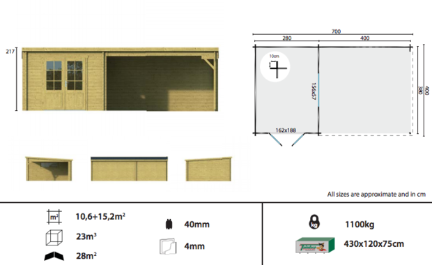 Blokhut Anton met zijluifel Geïmpregneerd 700 x 400 x 217 cm Wanddikte 40 mm