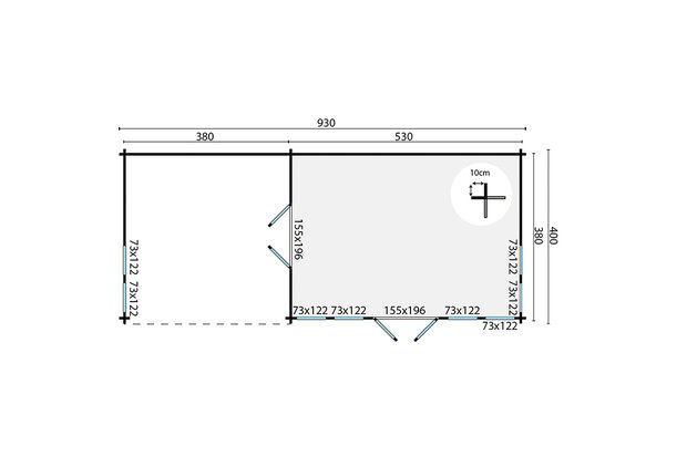 Blokhut Big Ben 930 x 400 x 351 cm Wanddikte 70 mm - met Overkapping 
