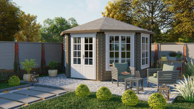Blokhut Lynn 418 x 418 x 306 cm met piramidedak Wanddikte 44 mm - Tuinhuis